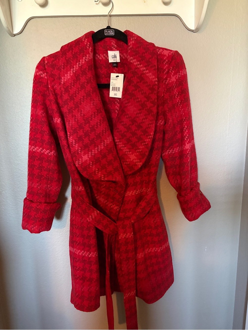Brand new/never worn CAbi Red/Pink plaid tweed Pea Coat Size XXS